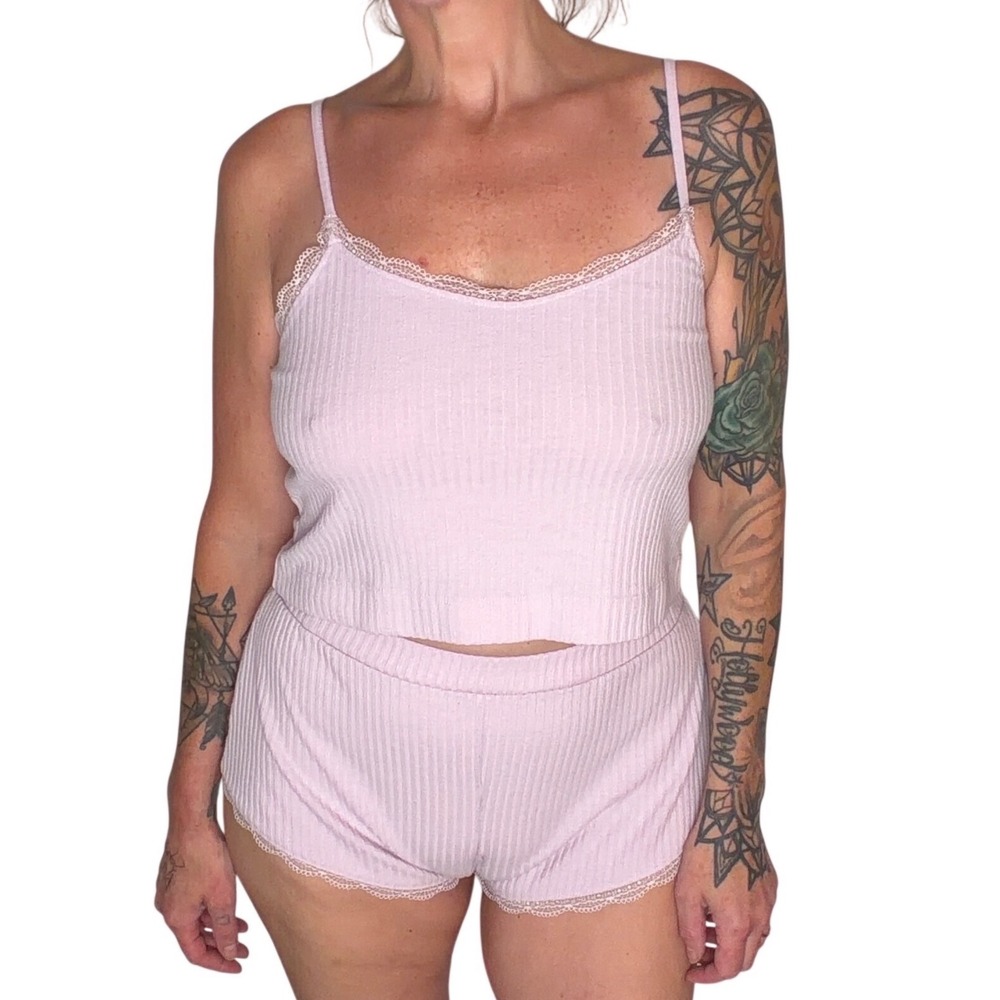 ASOS Design Lace Trim Pajama Set - Ribbed Soft Pink Tank Top + Shorts Coquette 6